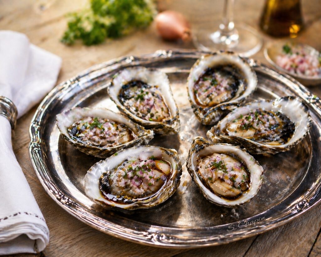 huîtres au vinaigre de vin et à l'échalotes.